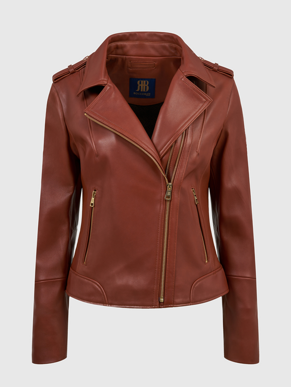 Brooklyn Golden Brown Regular-Fit Biker Damen Lederjacke aus Nappa Vollnarben-Lammleder mit zwei Reißverschluss Wege