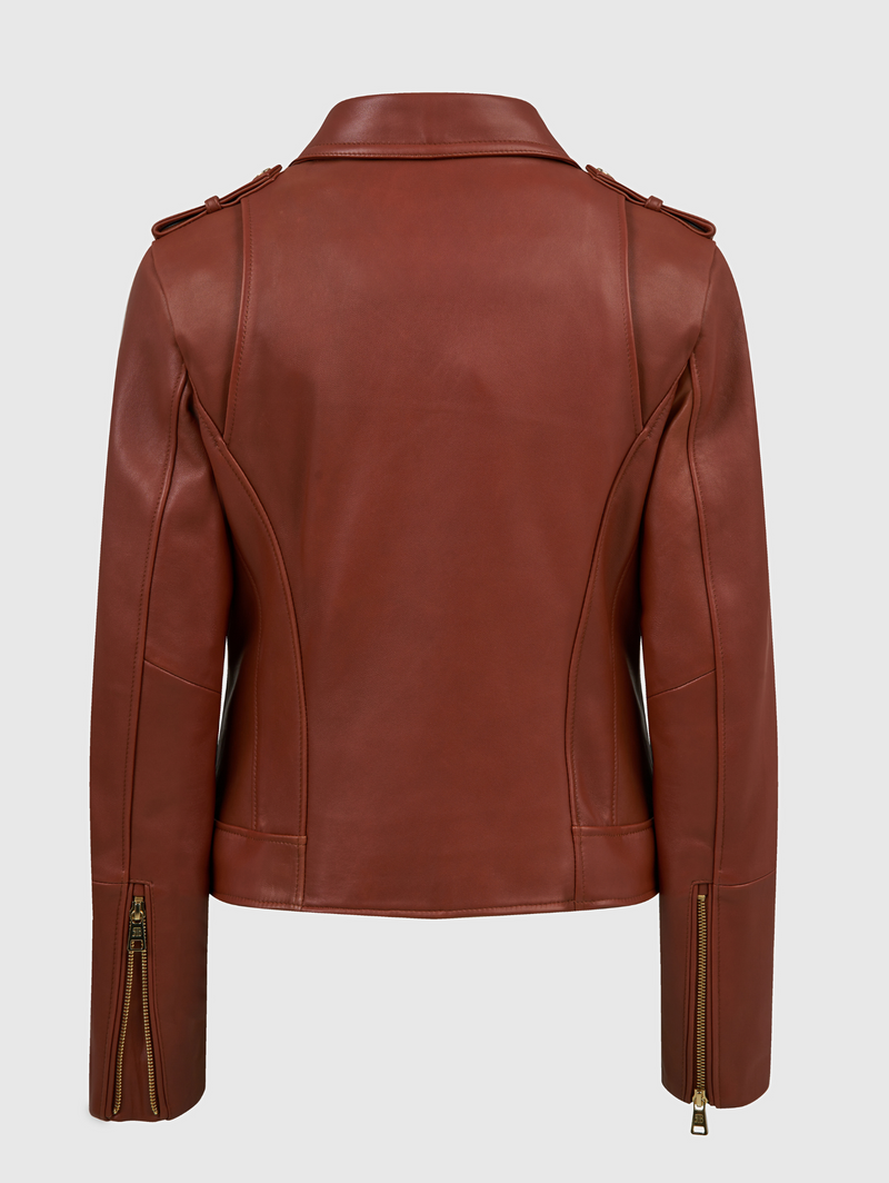 Brooklyn Golden Brown Regular-Fit Biker Women's Leather Jacket made of Nappa Full-Grain Lamb Leather with Two-Way Zipper