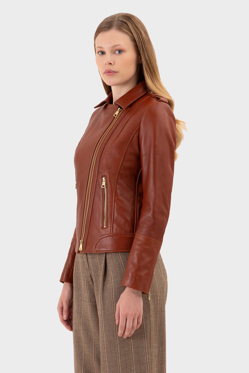 Brooklyn Golden Brown Regular-Fit Biker Women's Leather Jacket made of Nappa Full-Grain Lamb Leather with Two-Way Zipper