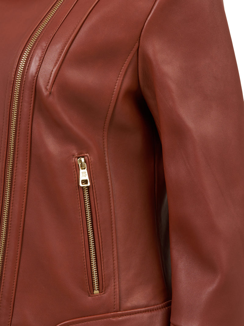 Brooklyn Golden Brown Regular-Fit Biker Women's Leather Jacket made of Nappa Full-Grain Lamb Leather with Two-Way Zipper