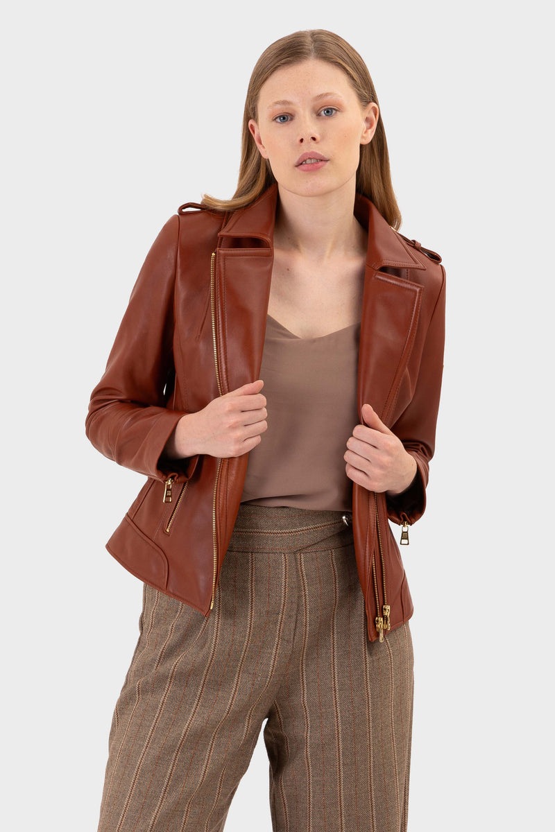 Brooklyn Golden Brown Regular-Fit Biker Women's Leather Jacket made of Nappa Full-Grain Lamb Leather with Two-Way Zipper