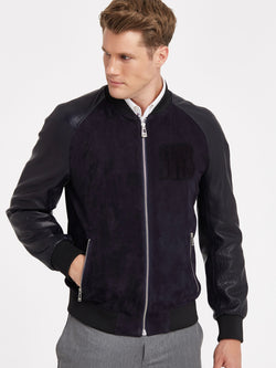 Ertu Midnight Blue Regular-Fit Herren Bomber Lederjacke aus genarbtem Volnarben-Lammleder und Veloursleder mix mit Reissverschluss