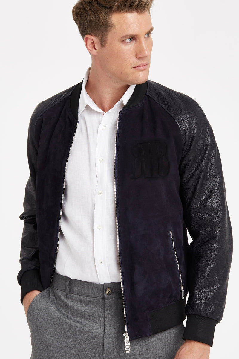 Ertu Midnight Blue Regular-Fit Herren Bomber Lederjacke aus genarbtem Volnarben-Lammleder und Veloursleder mix mit Reissverschluss