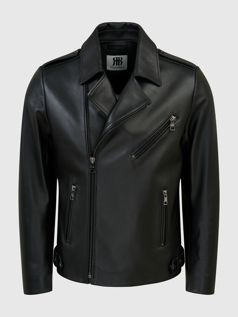 Kendrick Black Onyx Regular-Fit men's biker leather jacket made from Nappa Volmarben lamb leather with zipper closure