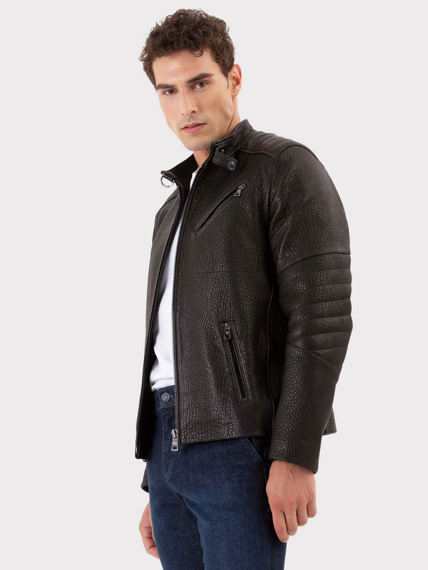 Logan Black Pearl Herren Regular-Fit Racer Lederjacke aus hochwertigem genarbtem Vollnarben-Lammleder mit Rissverschluss und Druckknopfverschluss