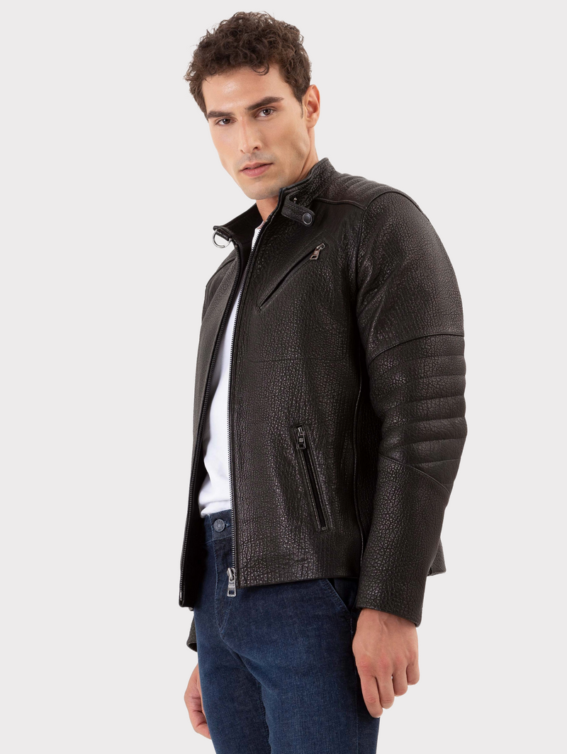 Men s racer full grain leather jacket in black from Roccoban ROCCOBAN