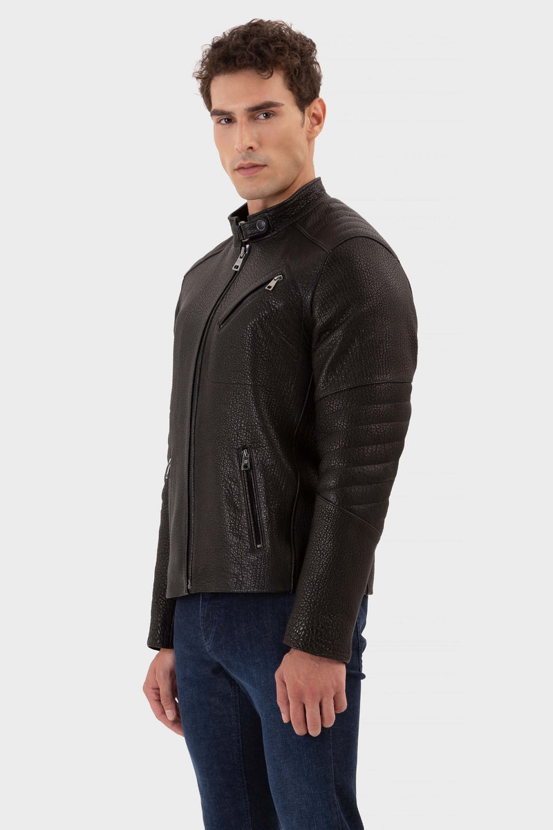 Logan Black Pearl Herren Regular-Fit Racer Lederjacke aus hochwertigem genarbtem Vollnarben-Lammleder mit Rissverschluss und Druckknopfverschluss