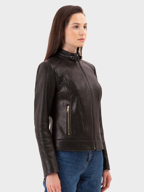 Scarlett Black Pearl Regular-Fit Damen Racer Lederjacke aus genarbtem Vollnarbenleder mit Reissverschluss und Druckknopf Verschluss