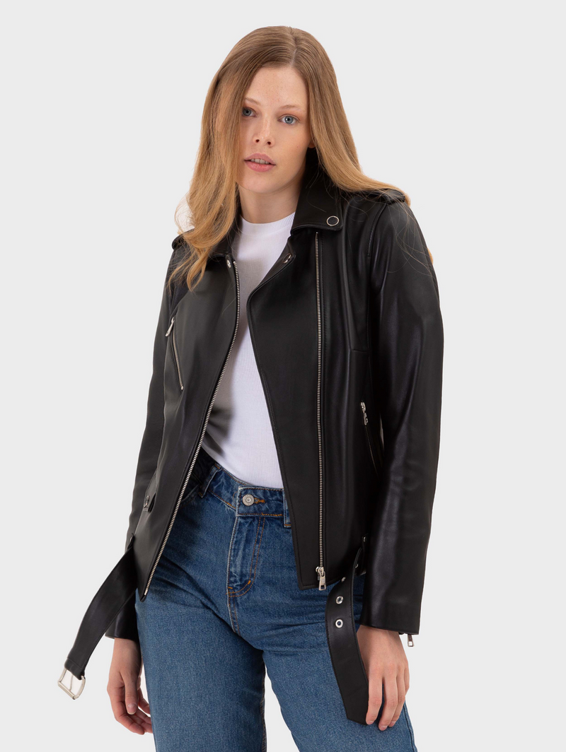 Trinity Black Onyx Regular-Fit Damen Biker Lederjacke aus Nappa Vollnarbenleder