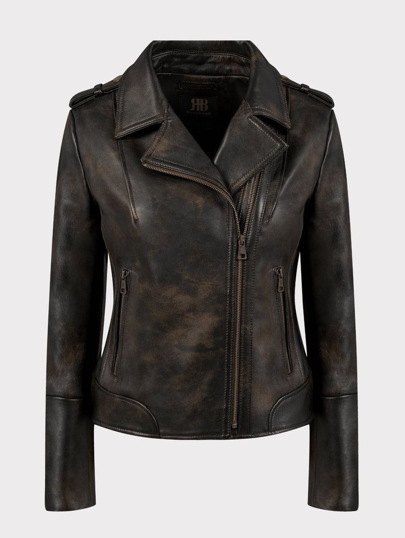 Brooklyn Burnt Chocolate Regular - Fit Biker Damen Lederjacke aus Nappa Vollnarben - Lammleder mit zwei Reißverschluss Wege