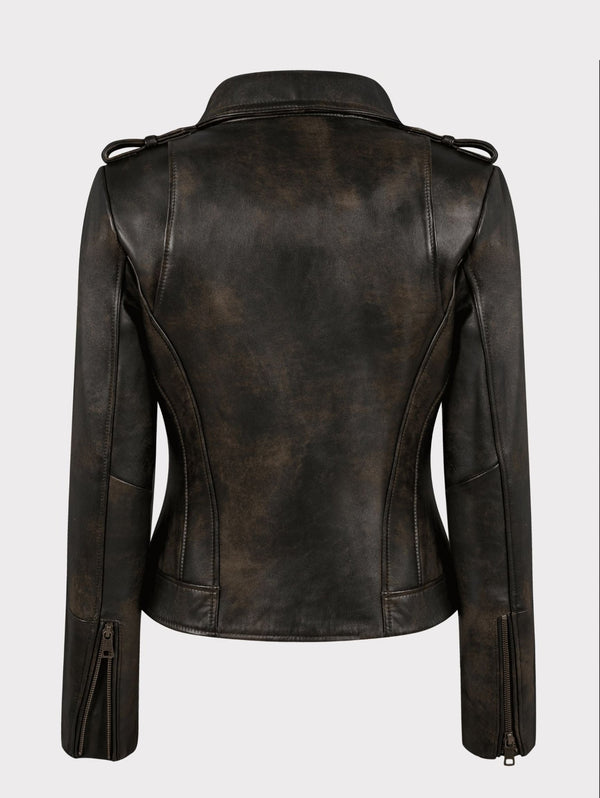 Brooklyn Burnt Chocolate Regular - Fit Biker Damen Lederjacke aus Nappa Vollnarben - Lammleder mit zwei Reißverschluss Wege