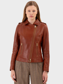 Brooklyn Golden Brown Regular-Fit Biker Damen Lederjacke aus Nappa Vollnarben-Lammleder mit zwei Reißverschluss Wege