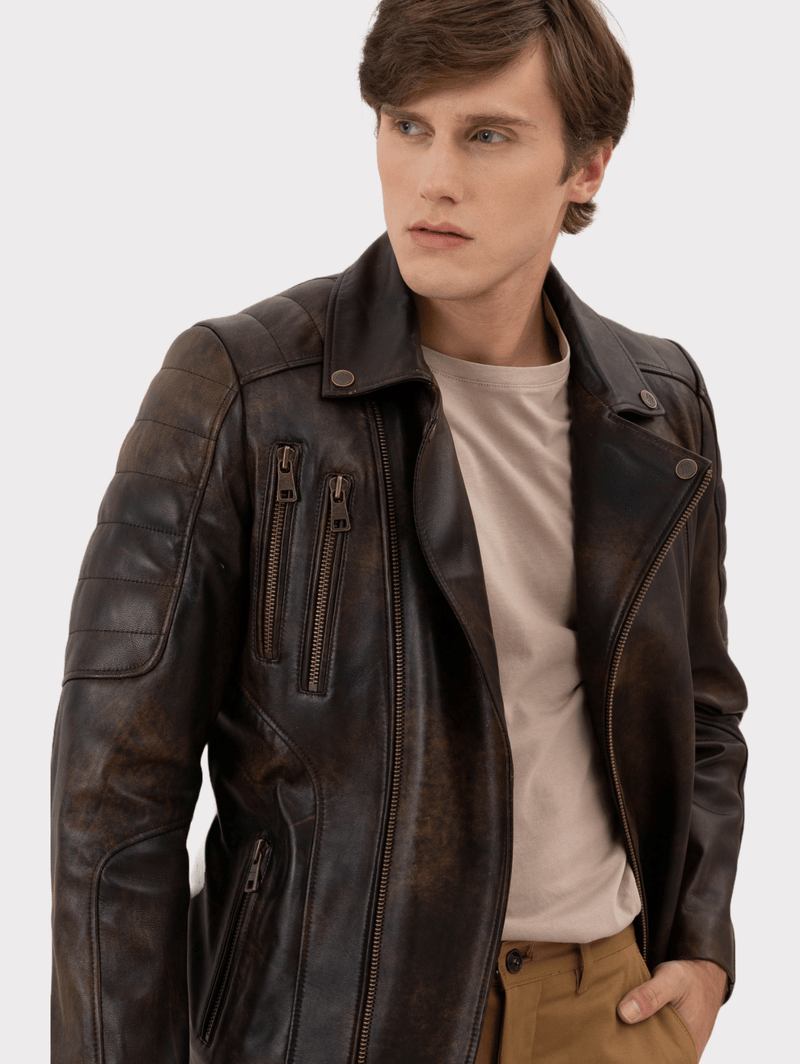 Chester Burnt Chocolate Regular - Fit Herren Biker Lederjacke aus Nappa Vollnarben - Lammleder mit Reissverschluss