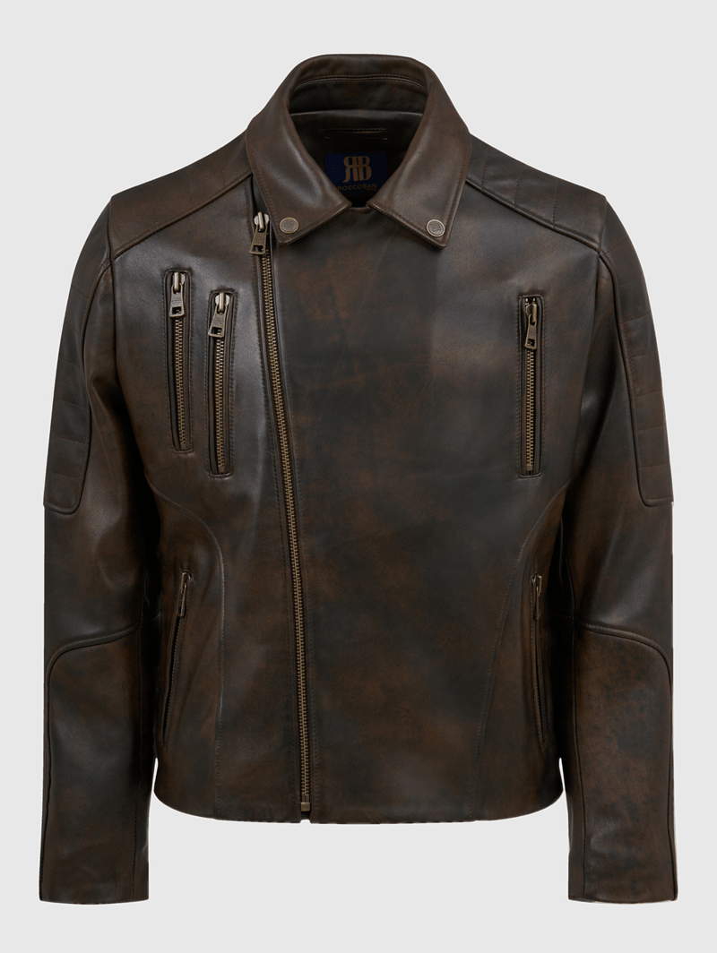 Chester Burnt Chocolate Regular - Fit Herren Biker Lederjacke aus Nappa Vollnarben - Lammleder mit Reissverschluss