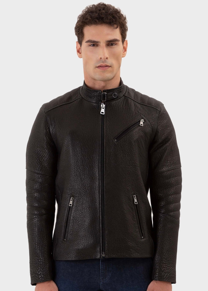 Logan Black Pearl Herren Regular-Fit Racer Lederjacke aus hochwertigem genarbtem Vollnarben-Lammleder mit Rissverschluss und Druckknopfverschluss