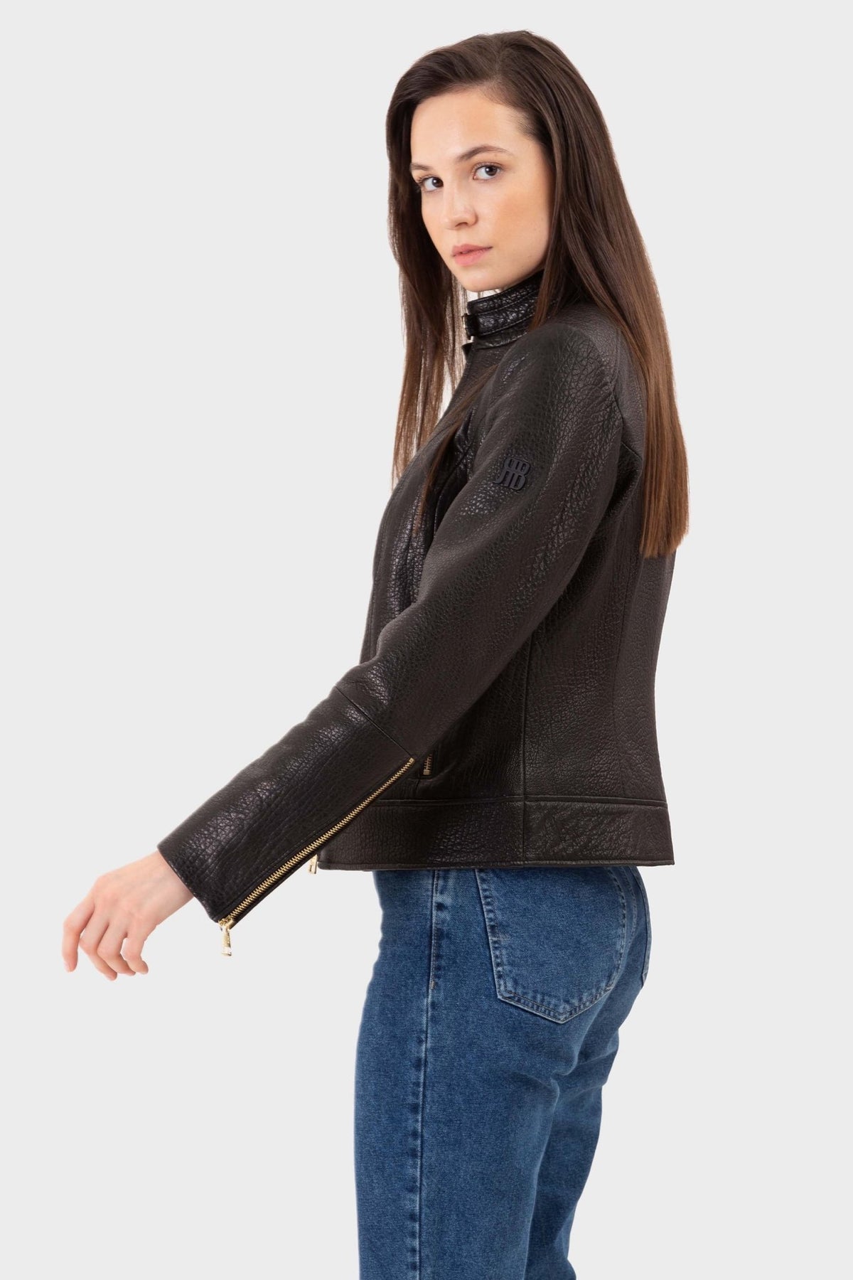Scarlett Black Pearl full grain women's racer leather jacket